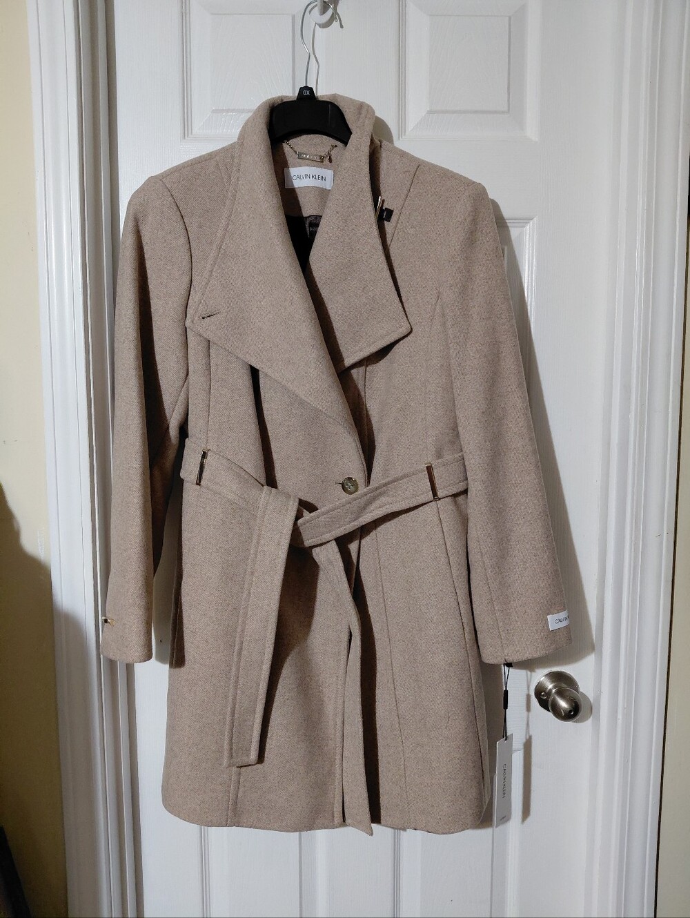Calvin Klein Women's Asymmetrical Belted Wrap Coat Nude Size XL